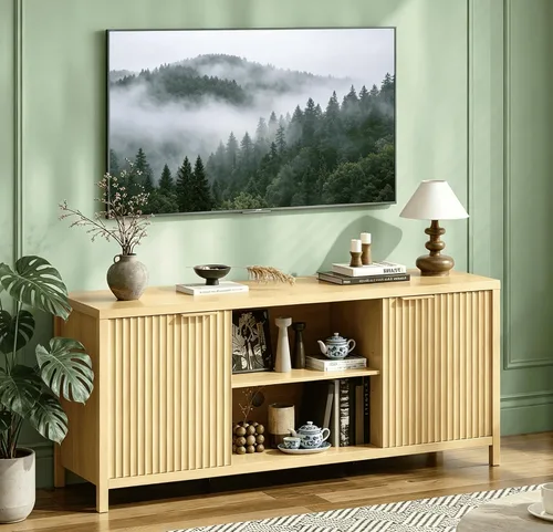 Miniatura 15 de VINGLI Soporte de TV acanalado de 58 pulgadas para televisores de hasta 70 pulgadas, moderno soporte de TV con almacenamiento y estantes ajustables