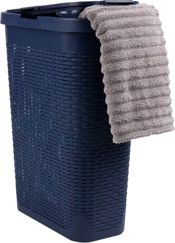 Miniatura 9 de Mind Reader Cesta de lavandería delgada con tapa, cesta de ropa de 40 L, diseño de mimbre premium, plástico, azul bebé