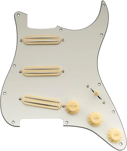 Musiclily Golpeador ST-SSS básico precableado con mini riel de cerámica Humbucker para guitarra eléctrica Strat Style, 3 capas blanco envejecido