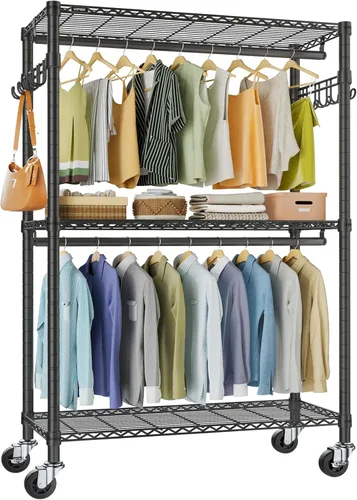 Miniatura 14 de VIPEK R2 Perchero de ropa resistente para colgar ropa, estante de prendas rodante ajustable con barras dobles y ganchos, armario independiente