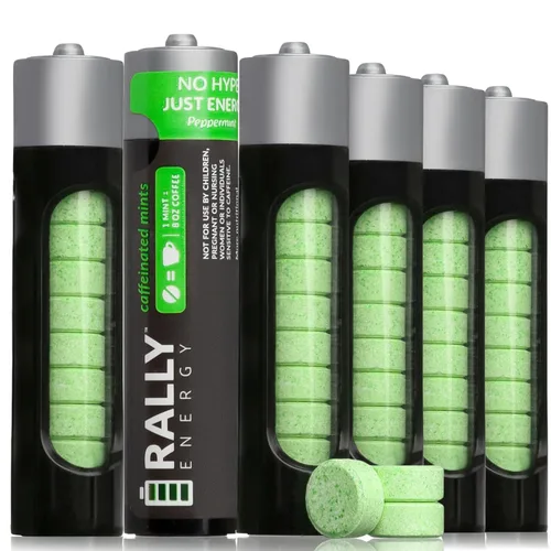 Mentas de cafeína de Rally, 60 miligramos de cafeína, energía instantánea, mentas con cafeína de aliento fresco, 0 azúcar, sabor natural a menta (6