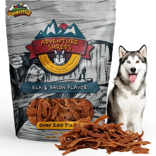 Adventure Shreds Elk & Bacon Golosinas para perros, golosinas suaves y finas para entrenamiento y recompensas, aperitivos sin granos para mascotas