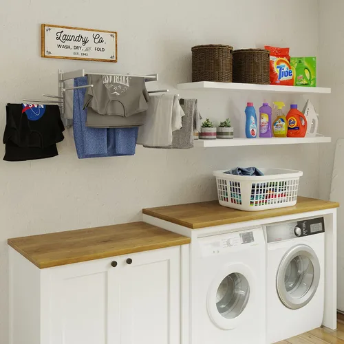 Miniatura 2 de BGT - Estante de secado de ropa para lavar la pared, organizador de lavandería con ganchos y brazos oscilantes, estante de metal de 17 pulgadas