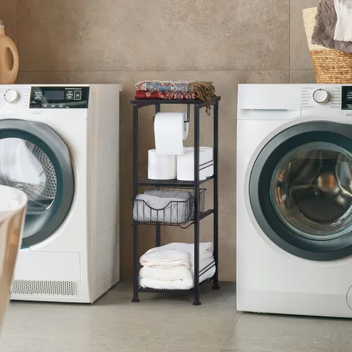 Miniatura 4 de OYEAL Armario de almacenamiento de papel higiénico negro pequeño estante lateral de baño con cajón estrecho gabinete de almacenamiento de toallas