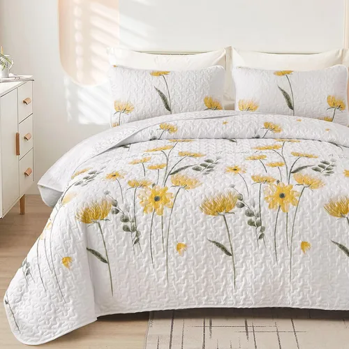 Miniatura 32 de Dinjoy Juego de colcha floral tamaño Queen, colcha azul agua tamaño Queen de 3 piezas, juego de ropa de cama ligera de estilo granja, colcha