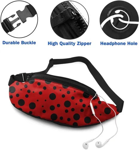 Miniatura 3 de Dujiea Riñonera con agujero para auriculares, bolsillo ajustable, bolsa de cadera para mujeres, hombres y niños, Lunares Mariquita