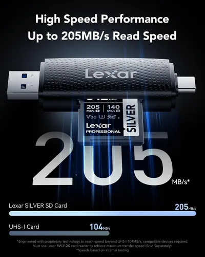Miniatura 2 de Lexar Tarjeta SD plateada de 512 GB, tarjeta SDXC UHS-I de hasta 205 MB/s, lectura de 140 MB/s, escritura V30, video 4K UHD, U3, clase 10, tarjeta