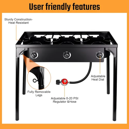 Miniatura 2 de Estufa de gas propano de 3 quemadores, 200,000 BTU para acampar al aire libre con patas extraíbles, regulador y manguera de 0-20 PSI, soporte