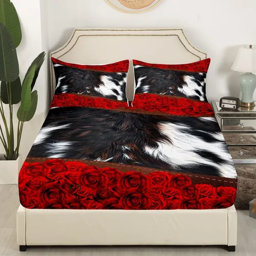 Miniatura 3 de Manfei Sábana bajera ajustable de piel de vaca, tamaño individual, juego de ropa de cama de flores de rosa roja, 2 piezas para decoración