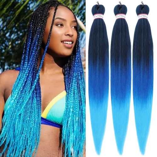 Miniatura 29 de Col bling Cabello trenzado preestirado de 28 pulgadas, 3 paquetes de extensiones de cabello largo para mujer, trenzas de caja, cabello preestirado
