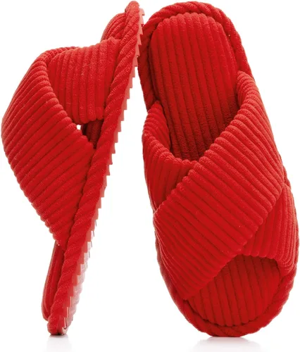 Miniatura 12 de GOEWY - Pantuflas para mujer con espuma viscoelástica para el hogar, con entretejido de pana, tiras cruzadas, con punta abierta, sandalias cómodas