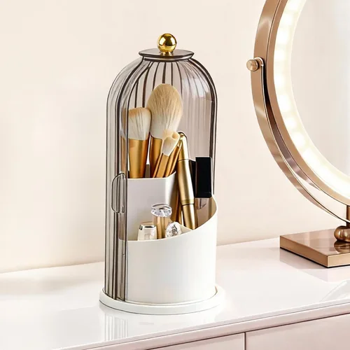Miniatura 8 de Hvygss Soporte giratorio de 360° para brochas de maquillaje con tapa, organizador de maquillaje impermeable de tres compartimentos, organizador