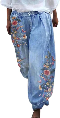 GOKKILRW Pantalones de mezclilla holgados para mujer, estilo harén, pierna ancha, estampado floral, holgado, hawaiano, hippie, Y2K, pantalones