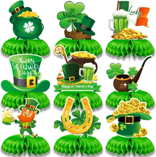 9 piezas de decoraciones de panal del día de San Patricio, centros de mesa de temática irlandesa surtidos con duendes, ollas de oro, tréboles y