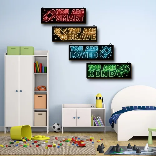Miniatura 6 de YLOLUL 4 piezas de impresiones de arte de juegos neón, decoración de pared de madera para habitación de niños, decoraciones para jugadores