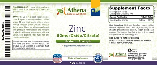 Miniatura 5 de Athena - Suplemento de zinc comprimidos 50mg - Óxido/Citrato - 100 comprimidos recubiertos