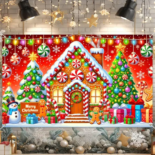 Miniatura 16 de BlissYard Telón de fondo de tren de Papá Noel, 71 x 43 pulgadas, pancarta de escena de Navidad de pan de jengibre, fondo de fotos para fiestas