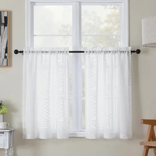 Miniatura 81 de Simplebrand Cortinas traslúcidas negras de cocina de 24 pulgadas de largo, 2 paneles, filtrado de luz, geométrico jacquard con textura, cortinas