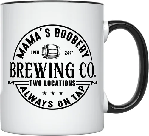 YouNique Designs Taza de café con texto en inglés "Mamas Boobery Always on Tap", 11 onzas, regalos para nuevas madres después del nacimiento, los