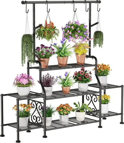 GIOTORENT Soporte alto de metal para plantas de 3 niveles para interiores y exteriores, estante resistente para plantas para jardín, patio, balcón