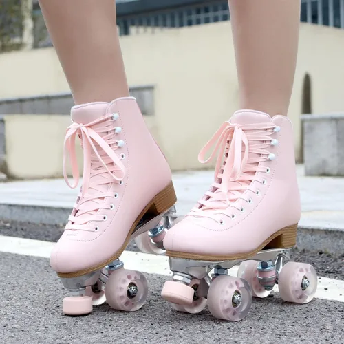 Miniatura 3 de Patines TUOSAMTÍN para mujeres y niñas con topes de goma ajustables en altura, lindos patines retro cuádruples para exteriores e interiores Rosa