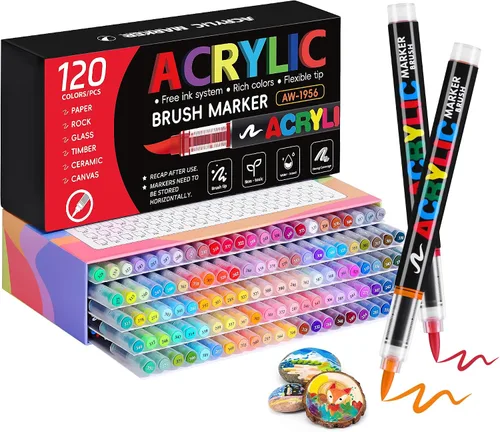 Tongfushop Marcadores de pintura acrílica de 120 colores, bolígrafos de pintura a base de agua con control automático de tinta y punta de pincel, no