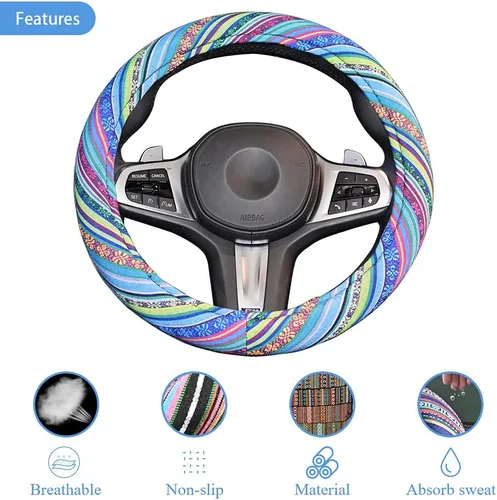 Miniatura 4 de Funda universal para volante de estilo étnico Baja de 15 pulgadas con tela de lino grueso y absorción de sudor antideslizante para automóvil