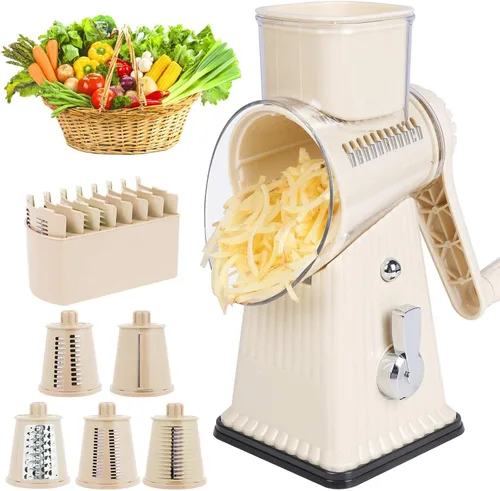 Rallador de queso giratorio manual, blanco, cortador de verduras 5 en 1 con base de succión, cuchillas de acero inoxidable, diseño de manivela para