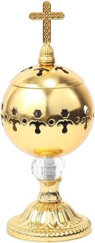 Miniatura 10 de Nazareth Store Quemador de incienso de latón pulido con carbón, soporte para incienso de iglesia cristiana, conos de incienso, cruz de 7.9 pulgadas