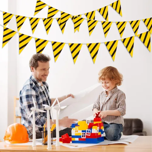 Miniatura 8 de Paquete de 5 banderines de construcción – Bandera temática de camión volquete para niños, decoración de banderines triangulares para fiesta