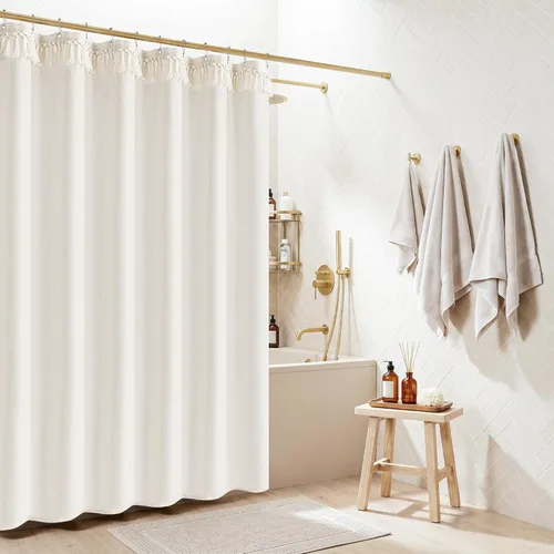 Miniatura 12 de Cortina de ducha de lino de avena 36x72 para cabina de ducha, cortinas neutras grisáceas beige de lino para baño, decoración bohemia de baño