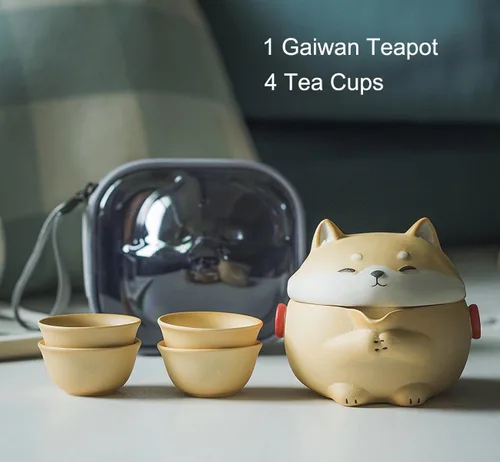Miniatura 2 de Mini juego de té Gaiwan, linda tetera Shiba Inu con bolsa portátil para viajes, tetera china de gongfu de cerámica con 4 tazas de té de cerámica.