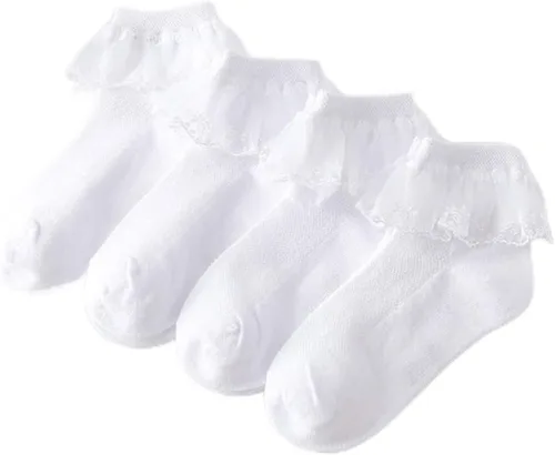 Miniatura 17 de Looching 4 pares de calcetines de encaje de princesa de algodón con volantes sólidos para niñas pequeñas