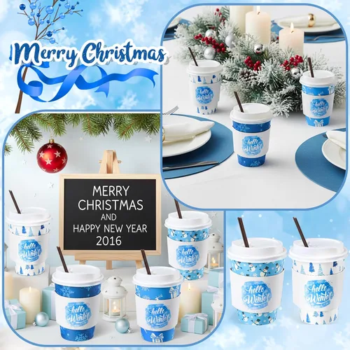 Miniatura 5 de Lallisa 100 juegos de tazas de papel desechables de café de Navidad para el invierno a granel con tapas, fundas y pajitas, tazas de café de copos