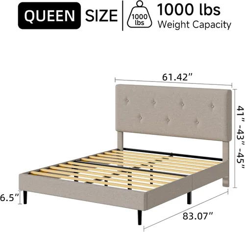 Miniatura 2 de Marco de cama de lino tamaño Queen, marco de cama tapizado con cabecera ajustable, soporte de listones de madera, no necesita somier, fácil montaje