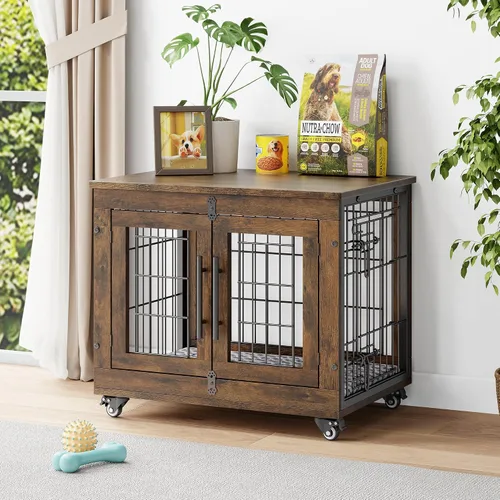YaFiti Mueble de jaula para perros con cojín, perrera de madera para interiores con puertas dobles, jaula para perros con ruedas, mesa auxiliar de
