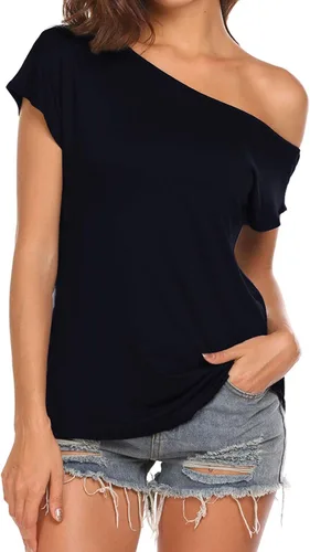 Halife - Blusa de manga corta para mujer, estilo informal con hombro descubierto, para verano, corte holgado