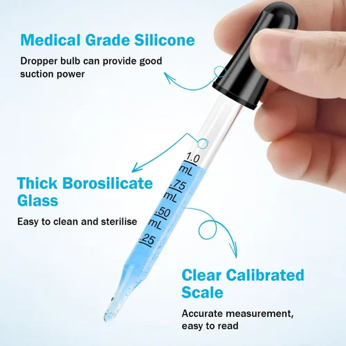 Miniatura 3 de Herain Cuentagotas de Vidrio, Cuentagotas para Oídos y Ojos - Puntas Curvas y Rectas, Cuentagotas de 1ml para Aceites Esenciales, Laboratorio