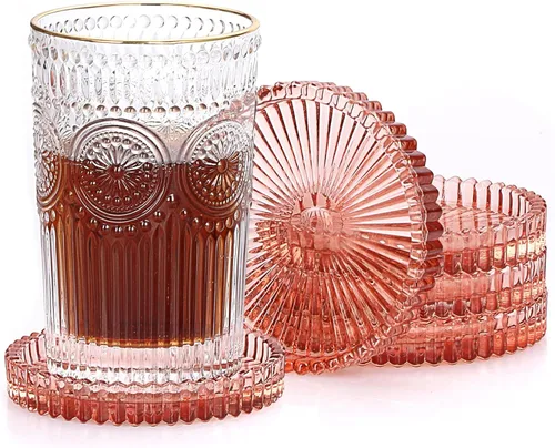 JUXYES Juego de 5 posavasos de cristal tono ámbar redondos, tapetes para tazas de vidrio para bebidas, café, té, vino, posavasos decorativos para