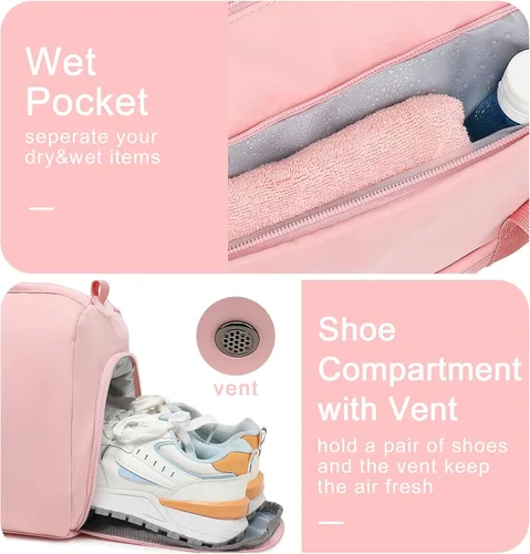 Miniatura 5 de Bolsa de viaje deportiva para gimnasio para hombres y mujeres con compartimento para zapatos, bolsillo húmedo, Rosa (Pure Pink), Bolsa de gimnasio