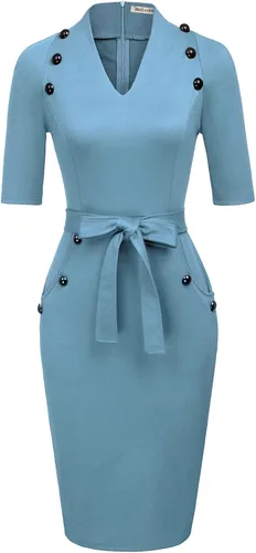 Vestido vintage de manga corta con cinturón para mujer, ajustado, pra la oficina