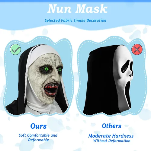Miniatura 6 de Máscara de terror de monja 2024, máscara de disfraz de cabeza completa con collar de cruz para fiesta de Halloween