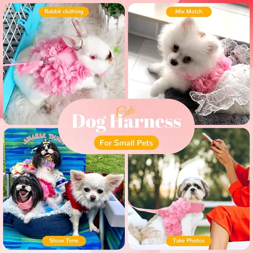 Miniatura 3 de Lindo arnés y correa para perros pequeños, arnés de encaje rosa floral para cachorros para perros pequeños, gatos, malla suave, chaleco para perro