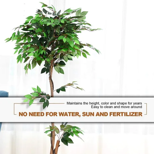 Miniatura 5 de Goplus Árbol artificial de hoja de seda de ficus de 5.5 pies, árbol falso en maceta con hojas verdes y tronco natural, sin mantenimiento, planta