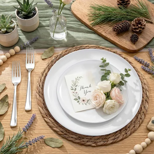 Miniatura 3 de KIRE 100 platos de plástico plateado, platos desechables blancos resistentes con borde plateado para fiesta/boda, incluye 50 platos llanos de 10.25