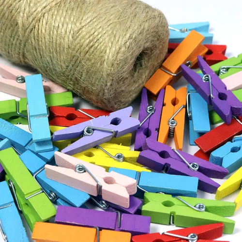 Miniatura 4 de Mini pinzas de madera natural con cordel de yute, 100 unidades, 1.4 pulgadas, clips para manualidades con cordel natural de 320 pies para álbumes