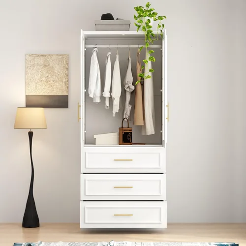 Miniatura 4 de WOODTIME Armario con barra para colgar, 3 cajones enmarcados y 2 puertas de cristal, armario de madera moderno, organizador de armario