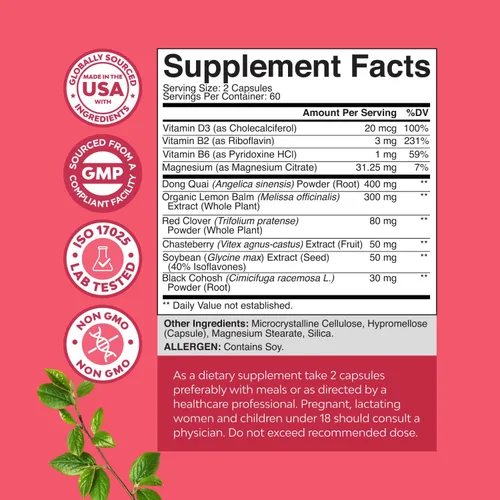 Miniatura 3 de Suplemento completo de hierbas para la menopausia para mujeres - Cápsulas de equilibrio hormonal femenino para sudores nocturnos, sofocos y cambios