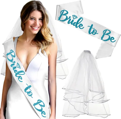 Miniatura 33 de Something Blue Gift for Bride To Be Sash - Banda de satén de grado nupcial - Decoraciones de despedida de soltera azul turquesa, Juego de 2 piezas