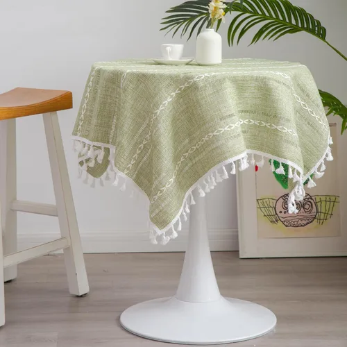 Miniatura 11 de Mantel Redondo Pequeño de Lino Rústico para Mesita de Noche con Rayas Bordadas Lavable Azul Cubierta de Mesa Estilo Granja con Puntadas y Borlas